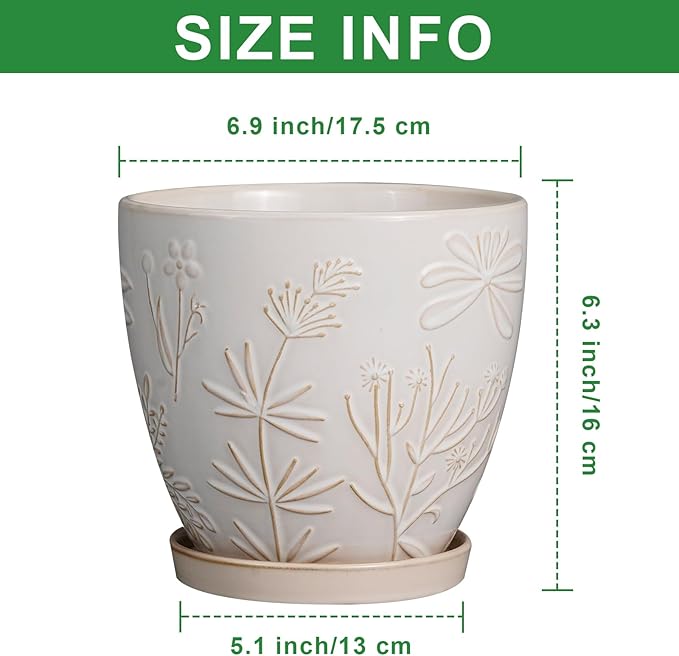6.9 Inch Ceramic Plant Pot for Indoor Plants Outdoor Round Planter Flower Pot with Drainage Hole and Saucer for Home Garden Office Decor White-Ruum Studio Home
