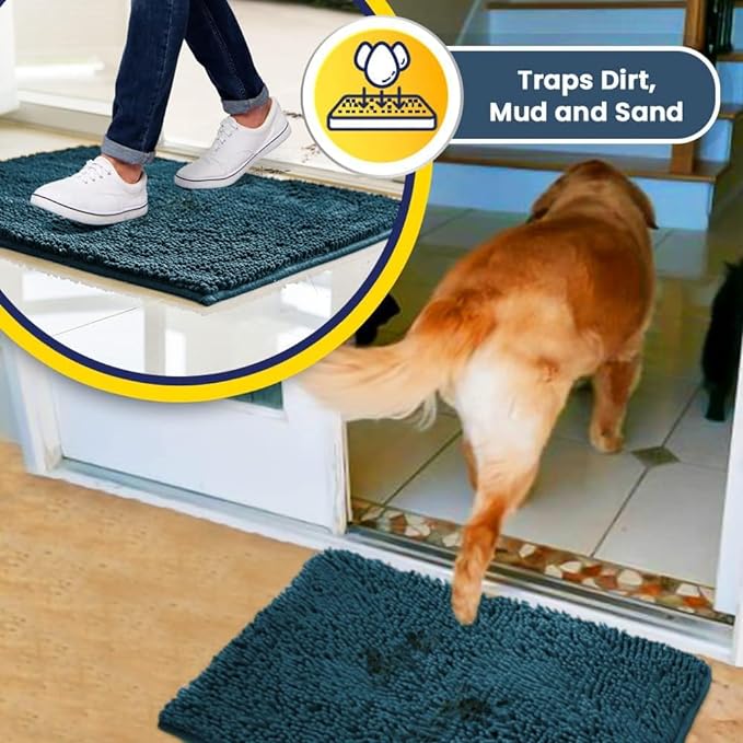 Muddy Mat® 4-Piece Atlantic Blue Medium 30"X19" AS-SEEN-ON-TV Highly Absorbent Microfiber Door Mat, Bath Mat and Pet Rug, Non Slip Thick Washable, Soft Chenille for Kitchen Bedroom Indoor and Outdoor-Ruum Studio Home