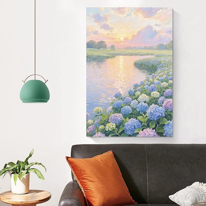 The hydrangea scenery all over the lake at sunset is suitable for posting in the living room bedroom office landscape poster wall painting-Ruum Studio Home