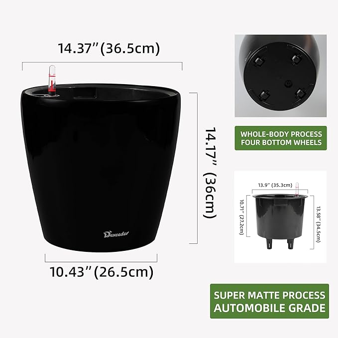 Dexceder 15x14 Self Watering Planter with Wheels Indoor Outdoor, Inner Pot Design, Thickened Large Floor Standing Flower Plant Pot with Water Level Indicator (Black Matte)-Ruum Studio Home