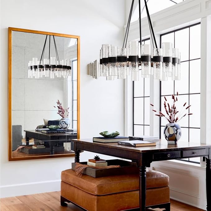 Round Black Glass Wagon Wheel Chandelier, Chandelier with Water Ripple Textured Recycled Clear Glass Piece, Modern Industrial Pendant Light with Metal Frame, Lighting Fixture for Living Room, Foyer-Ruum Studio Home