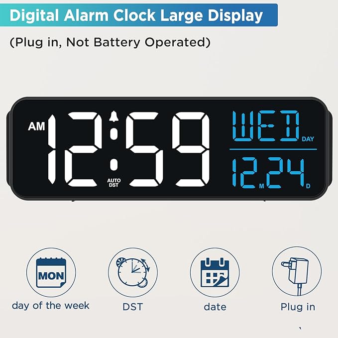 Peakeep Large Display Digital Alarm Clock for Bedrooms, Date Day of Week Calendar Desk Table Clocks for Living Room Office, Dimmable Plug in Electric Clock, 5 Volumes, Loud, Auto DST-Ruum Studio Home