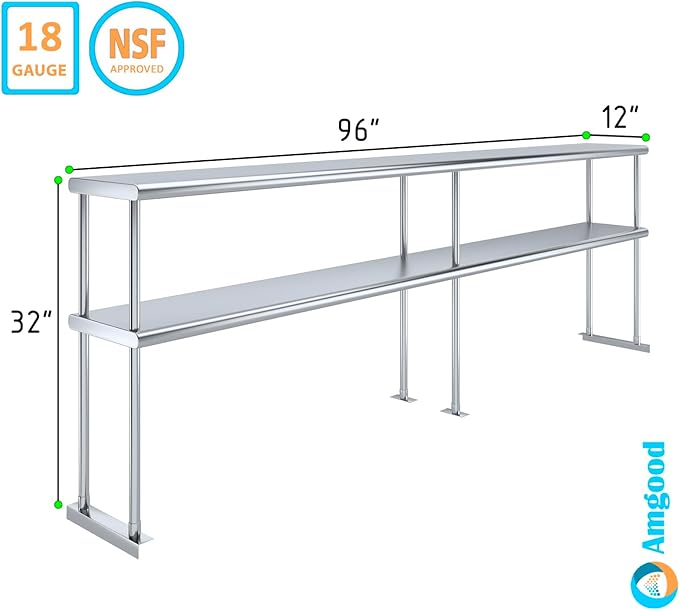 AmGood Double OverShelf Stainless Steel NSF - Many (96" Long x 12" Deep)-Ruum Studio Home