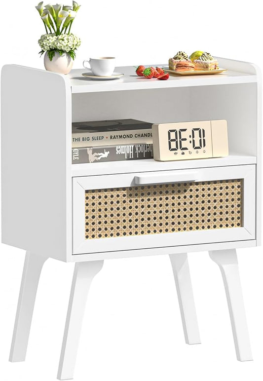 Lerliuo Rattan Nightstand, Bedside Table with Drawer Open Shelf, Cane Accent Side End Table with Solid Wood Legs, White Mid Century Night Stand for Bedroom, Dorm and Small Spaces-Ruum Studio Home