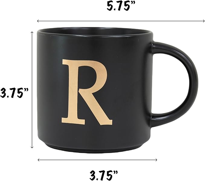 COLLECTIVE HOME - Monogram Ceramic Mugs, 15 oz Golden Initial Black Coffee Cups, Elegant Alphabet Tea Mugs, Elegant Personalized Mug with Gift Box, Unique Mug with Double Side Capital Lette (R)-Ruum Studio Home