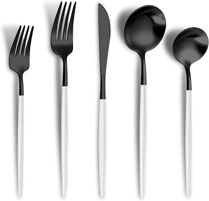 Matte Black White Silverware Set for 6,Modern Stainless Steel Brushed Cutlery Set,30-Pieces Heavy Duty Flatware Set,Knives Spoons and Forks Set Utensils Set, Satin Finish, Dishwasher Safe-Ruum Studio Home