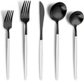 Matte Black White Silverware Set for 6,Modern Stainless Steel Brushed Cutlery Set,30-Pieces Heavy Duty Flatware Set,Knives Spoons and Forks Set Utensils Set, Satin Finish, Dishwasher Safe-Ruum Studio Home