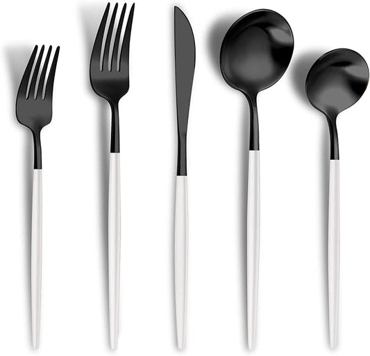 Matte Black White Silverware Set for 4,Modern Stainless Steel Brushed Cutlery Set,20-Pieces Heavy Duty Flatware Set,Knives Spoons and Forks Set Utensils Set, Satin Finish, Dishwasher Safe-Ruum Studio Home