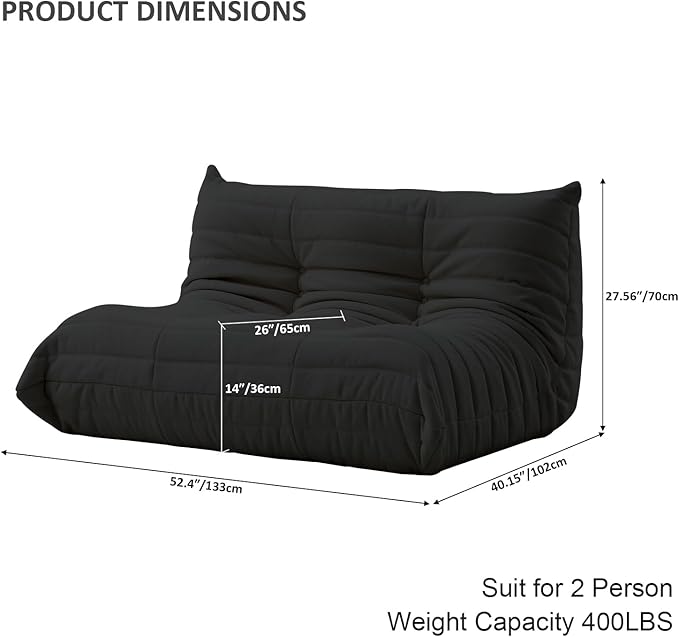 Luxury Sofa Couch Chair, Lazy Floor Seating, Fireside Bean Bag Chair, Ergonomic Tatami Sofa Lounger for Living Room, Bedroom, Office, Loveseat, Black-Ruum Studio Home