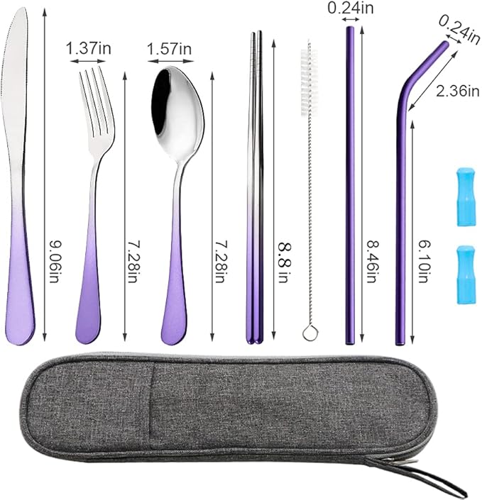 Travel Utensils Set with Case Reusable Portable Cutlery Set Stainless Steel 8pcs Including Dinner Knife Fork Spoon Chopsticks straws (Gradient Purple)-Ruum Studio Home