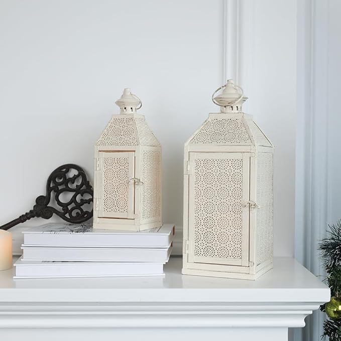 NEEDOMO 2Pack Outdoor Lantern, 16" Large White Candle Lanterns Decorative Indoor, Metal Frame with Glass, Vintage Farmhouse Lantern Decor for Front Porch, Garden, Patio, Pathway, Balcony,Yard-Ruum Studio Home