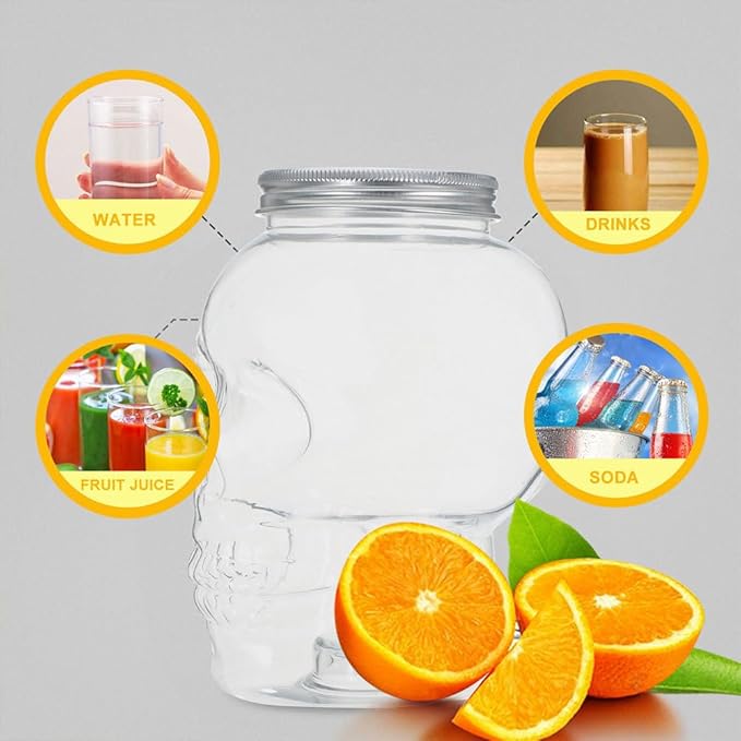 VOSAREA 4pcs Halloween Beverage Bottles Clear Skull Shaped Jar Cups 800ml Plastic Drink Bottles with Screw Straw Hole Lid Party Water Tumbler Skull Beverage Juice Mug-Ruum Studio Home