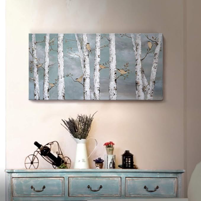 amatop Teal Wall Art 100% Hand-Painted Landscape Forest Oil Painting on Canvas Original Framed Artwork Gold Bird Birch Tree Artwork White Birch at Night for Living Room Bedroom Office Decor 32x16inch-Ruum Studio Home