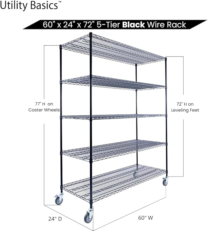 60"x24"x72" Black 5-Tier Premium Metal Wire Shelving NSF 4000 LBS MAX Capacity Heavy Duty Steel Storage Rack for Warehouse, Garage, Hospital, Commercial Space & School w/Premium Wheels-Ruum Studio Home