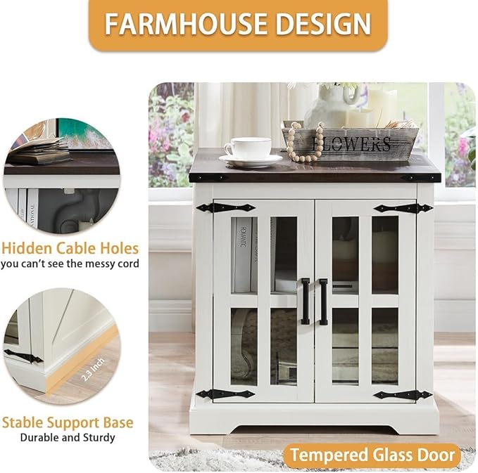 Farmhouse End Table with Charging Station,24" Large Sofa Side Table with Glass Barn Door, Rustic Wood Nightstand Bedside Table with Adjustable Storage Shelf for Living Room, Bedroom,White-Ruum Studio Home