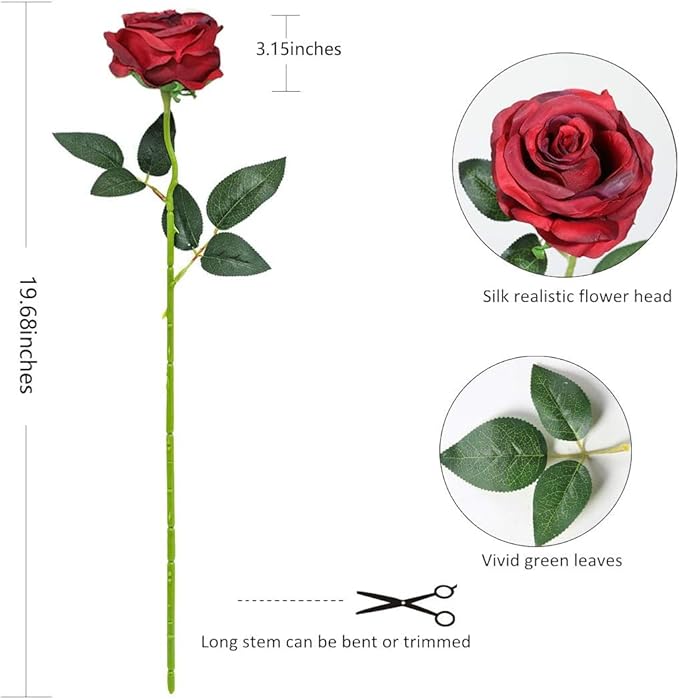 Burgundy Fake Roses Artificial Flowers - 10 Pcs Fake Artificial Roses Silk Flowers with Stems for Home Wedding Hotel Office Centerpiece Decor（Burgundy）-Ruum Studio Home