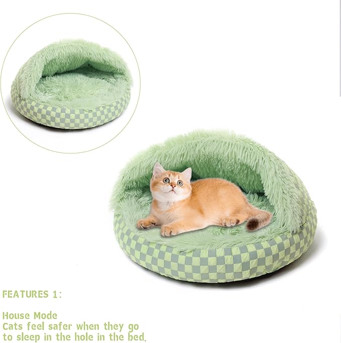 Cat Bed Hooded Plush Nest with Self-Warming Cozy Cave, Calming Anti-Anxiety Pet Bed for Indoor Cats & Small Dogs, Removable Washable Cover & Waterproof Bottom - Green-Ruum Studio Home