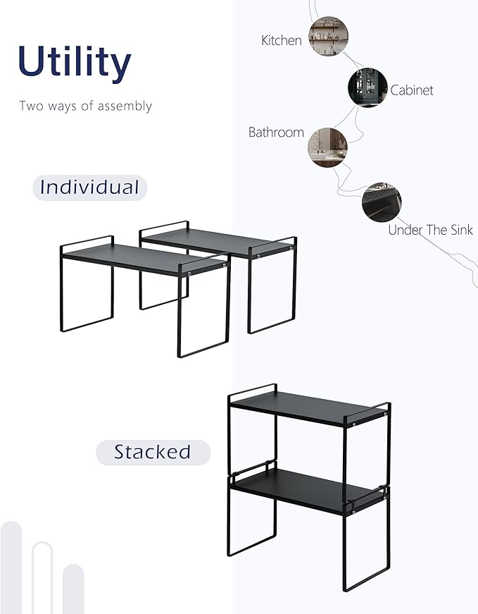 Nxconsu 2Pack Cabinet Shelves Stackable Shelf Organizer Rack Riser for Kitchen Cabinet Pantry Cupboard Counter Countertop Home Organization Storage Space Saver Heavy Duty Metal Nonslip Black Wide Tall-Ruum Studio Home