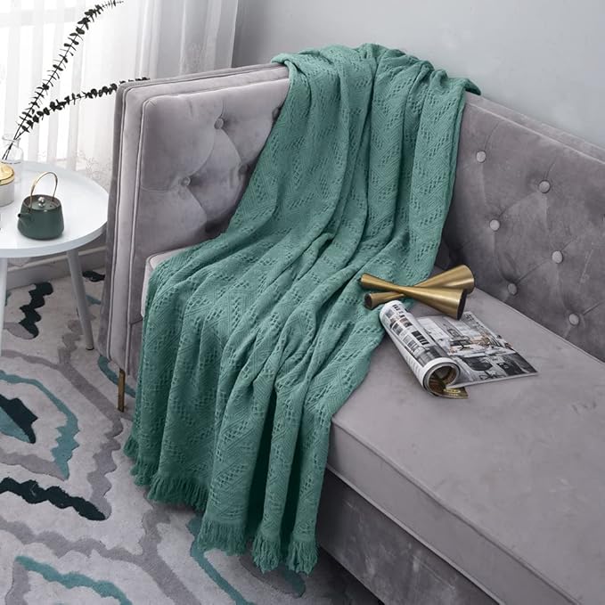 Simple&Opulence 100% Cotton Throw Blanket for Bed, Couch, Boho Luxury Geometric Knit Woven Blanket with Tassels Soft Lightweight Cozy Breathable, Vintage Farmhouse Decoration for All-Season(Green)-Ruum Studio Home