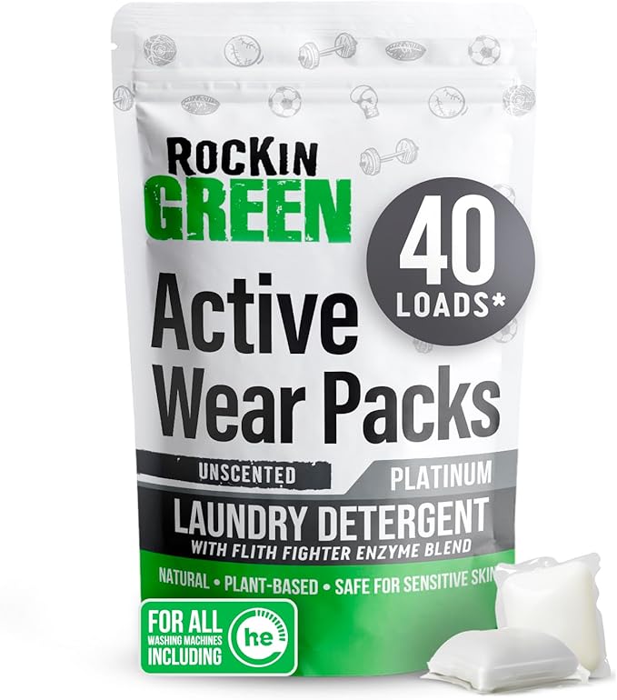 Rockin' Green Laundry Detergent Pods, Plant-based, All Natural, Vegan & Biodegradable Odor Fighter, Safe for Sensitive Skin (Unscented, Active Wear 40 Pods)-Ruum Studio Home