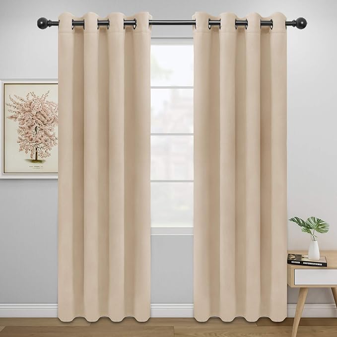 Easy-Going Blackout Curtains for Bedroom, Solid Thermal Insulated Grommet and Noise Reduction Window Drapes, Room Darkening Curtains for Living Room, 2 Panels (52x84 in,Beige)-Ruum Studio Home