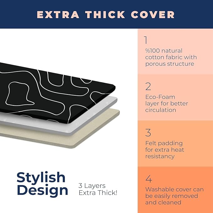 Ironing Board, Compact and Space Saver Ironing Board with Extra Thick 3 Layers Cover, Height Adjustable, Easy Storage with Smart Hanger and Heavy Duty Steel Legs, Black (13x43)-Ruum Studio Home
