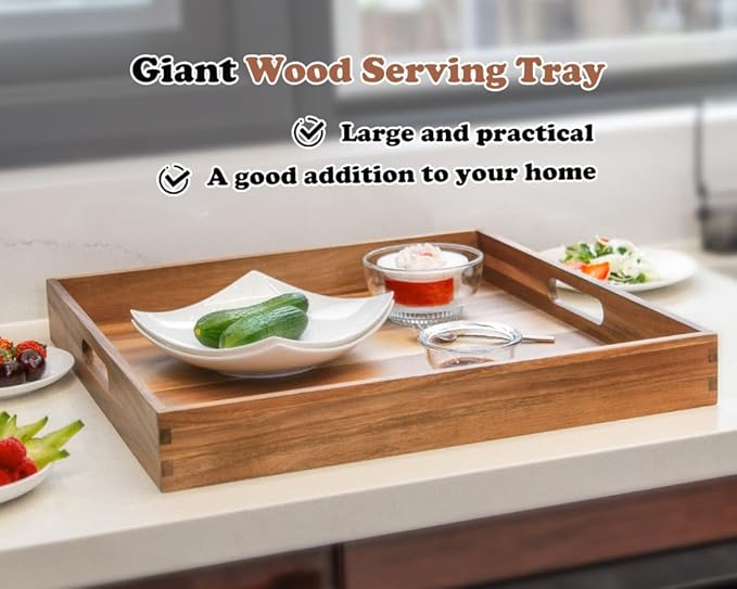 Large Ottoman Tray for Living Room, 20" Extra Large Tray for Ottoman Square Acacia Serving Trays with Handles for Coffee Table, Breakfast, Appetizers, Dinner-Ruum Studio Home