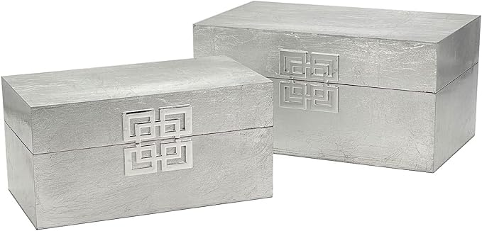 Galt International Storage Box Set Decorative Storage Box w/Hinged Lid Classic Design Wood Decor Boxes with Geometric Clasp Storage for Bedroom & Home - Set of 2 (Silver)-Ruum Studio Home