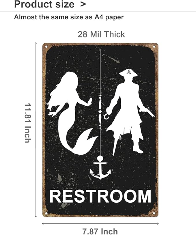 ALKB Nautical Themed Vintage Restroom Door Sign Fun Mermaid and Pirate Sign Suitable for Ocean, Beach, Ship Themed Wall Decor 8x12 Inch-Ruum Studio Home