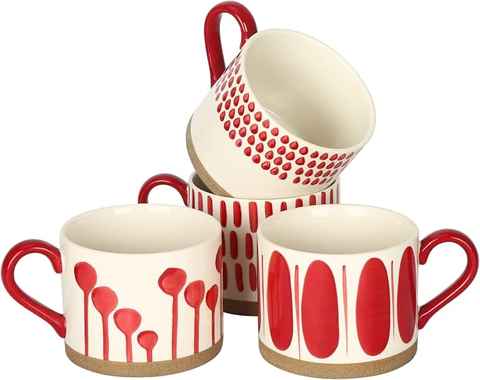 Koja Hand Painted 15 oz. Porcelain Ceramic Mugs Set. Service for 4. (Hand Painted - Red)-Ruum Studio Home