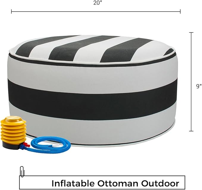 Inflatable Outdoor Ottoman with Air Pump,20"x9" Portable Patio Pouf,Water Resistant,Fade-Resistant,Round Blow Up Footrest Stools for Home Garden Camping Travel(Black White)-Ruum Studio Home