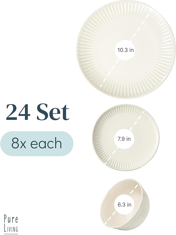 Stoneware Dinnerware Set for 8 People HYGGE 24-Piece - Elegant Scandi Design - Premium Dish Set - Bowl and Plate Set - Tableware for 8 People in a Ribbed Design - Pure Living in Beige-Ruum Studio Home