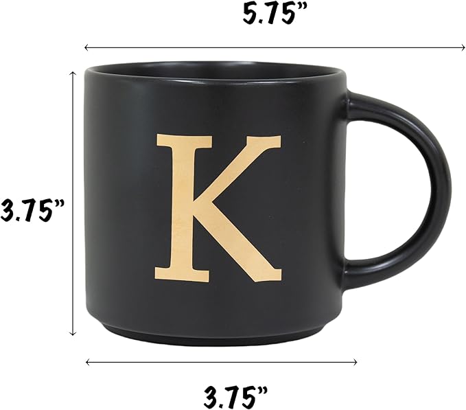 COLLECTIVE HOME - Monogram Ceramic Mugs, 15 oz Golden Initial Black Coffee Cups, Elegant Alphabet Tea Mugs, Elegant Personalized Mug with Gift Box, Unique Mug with Double Side Capital Lette (K)-Ruum Studio Home