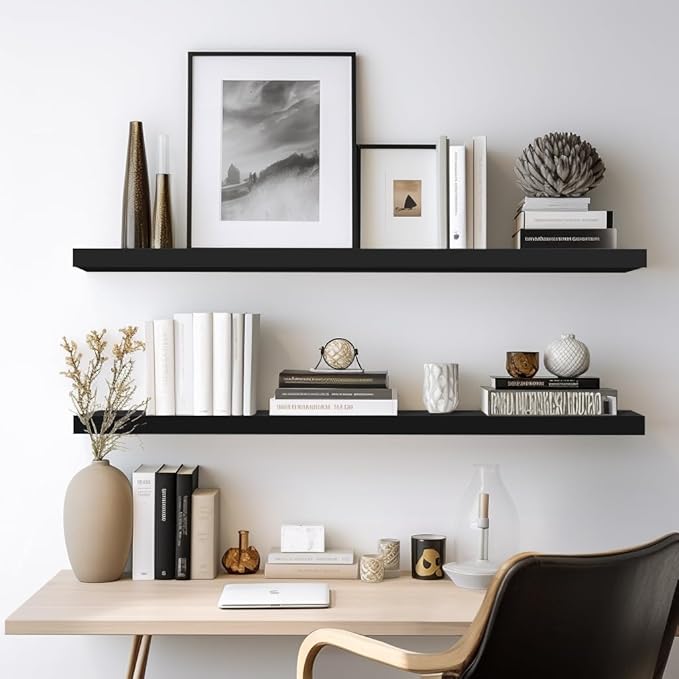 LaVie Home Floating Shelves, 36 Inch Wall Shelf Set of 2, Hanging Shelf with Invisible Brackets, Wall Decor for Bathroom, Bedroom, Living Room, Kitchen Storage, Classic Black-Ruum Studio Home