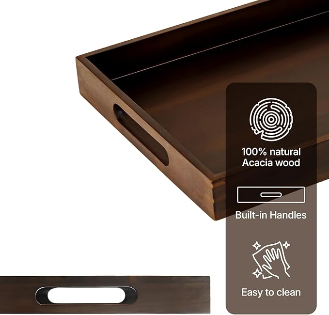 Koppen Acacia Wood Serving Tray with Handles, 17" x 13.86", Large Wooden Platter for Breakfast, Ottoman Tray for Party, Snacks, Fruit, Coffee Table, Living Room, Sofa, Bed, Outdoor-Ruum Studio Home