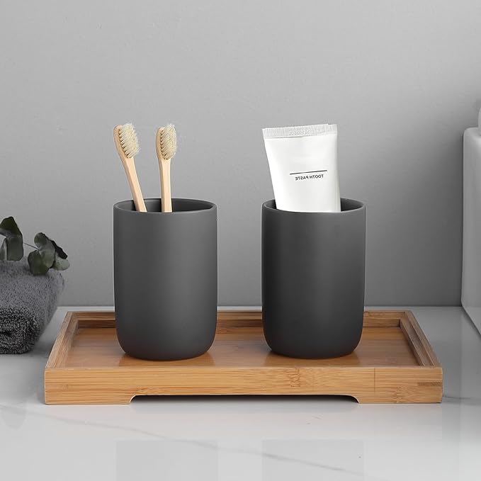 Matte Grey Toothbrush Holders - Ceramic Toothpaste Holders Set, Reusable Toothbrush Cup, Bathroom Counter Organizer-Ruum Studio Home