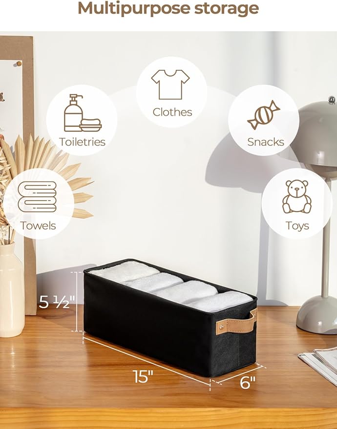 StorageWorks Narrow Storage Bins, Small Basket for Closet and Shelves, Fabric Organizer with Handles, Toilet Paper Storage, Black, 2-Pack-Ruum Studio Home