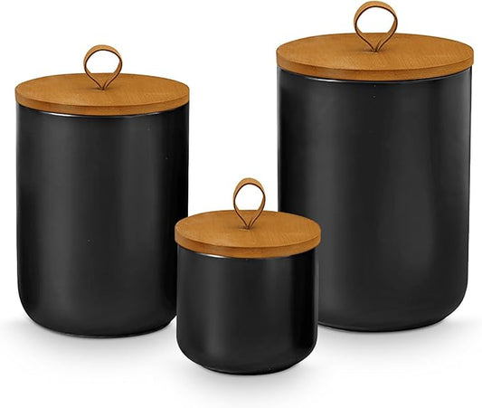 Canister Sets for Kitchen,Ceramic Kitchen Canisters for Countertop with Airtight Wood Lids for Serving Ground Coffee, Tea, Spice, Grains, Sugar, Salt (Black Pack of 3 (8.7/27/44 Oz))-Ruum Studio Home