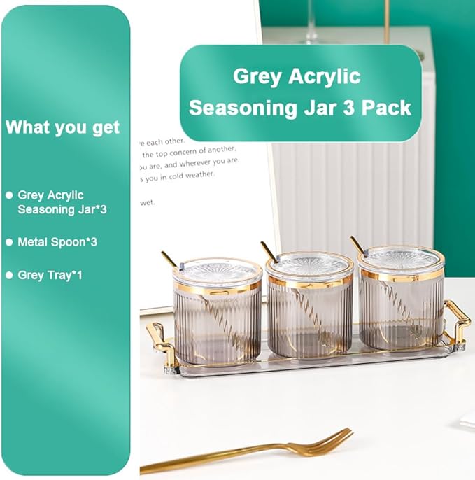 Acrylic Condiment Spice Jars,Condiment Spice Box With Lids and Spoons and Tray,Clear Plastic Condiment Canisters,Seasoning Box 3 Pack,Seasoning Box Set for Kitchen to Storage Salt,Paprika,Sugar-Ruum Studio Home