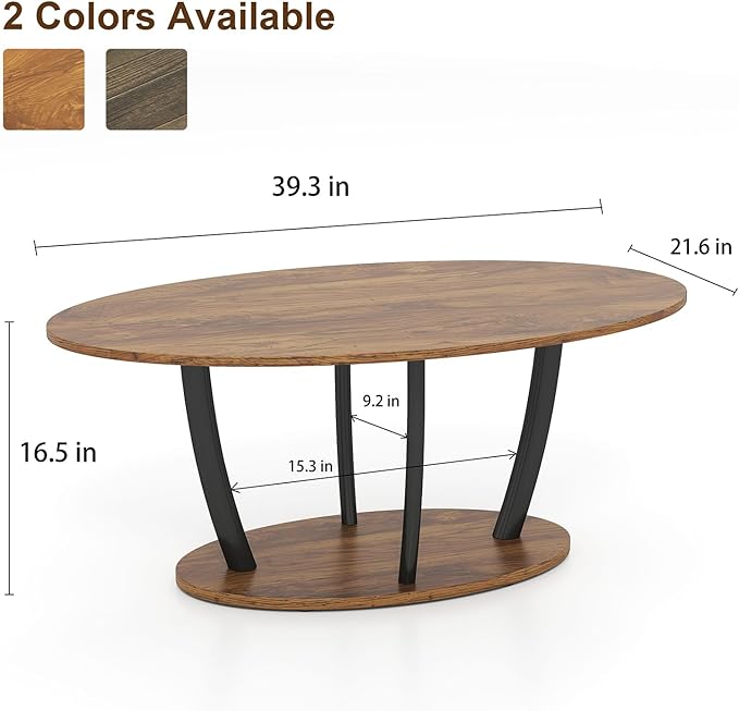 Manora Small Oval Coffee Table with Storage, Farmhouse Industrial Center Table for Living Room, Vintage Tea Table for Small Spaces, Rustic Brown-Ruum Studio Home