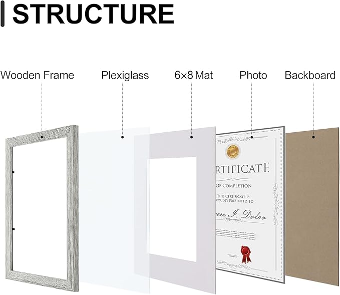 Vittanly 8.5x11 Picture Frames Set of 9, Shatter Resistant Plexiglass, Display 6x8 Pictures with Mat or 8.5x11 without Mat, Photo Frames for Wall or Tabletop, Engineered Wood, Grey-Ruum Studio Home