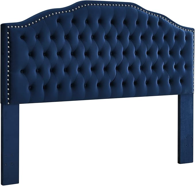 24KF Upholstered Button Tufted King Headboard with Nailhead Trim, Soft Velvet Fabric Headboard King/CA King - Navy-Ruum Studio Home
