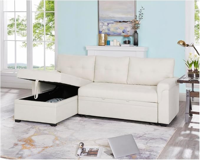 Naomi Home Transform Any Space: Sleeper Sectional Sofa with Convertible Sofa Bed & Inviting Chaise. Find Tranquil Comfort with Stress-Relieving Design & Durable Cushions - Cream/Velvet-Ruum Studio Home