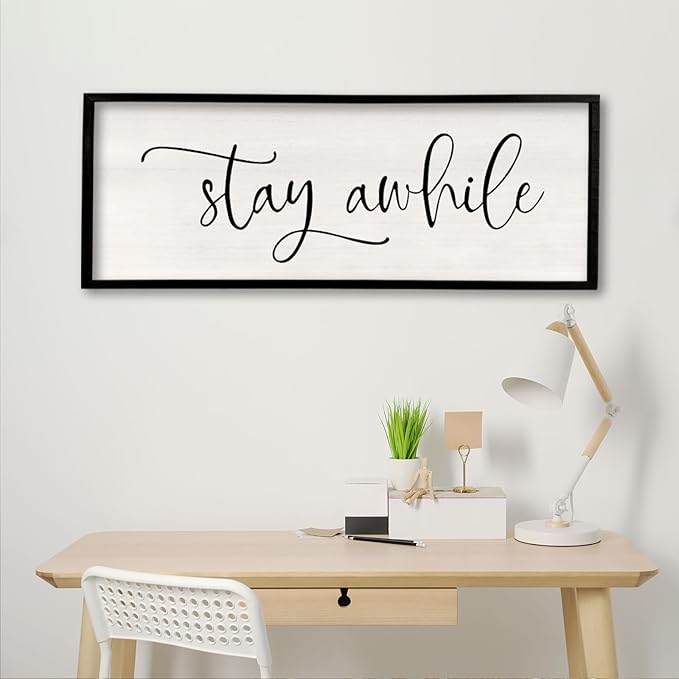 Stay AWhile Sign Wall Decor Sign 40"X15" Large Living Room Entryway Wood Framed Rustic Wall Decor for Vintage Farmhouse Foyer Hanging Lets Stay Home Wall Art (Black)-Ruum Studio Home