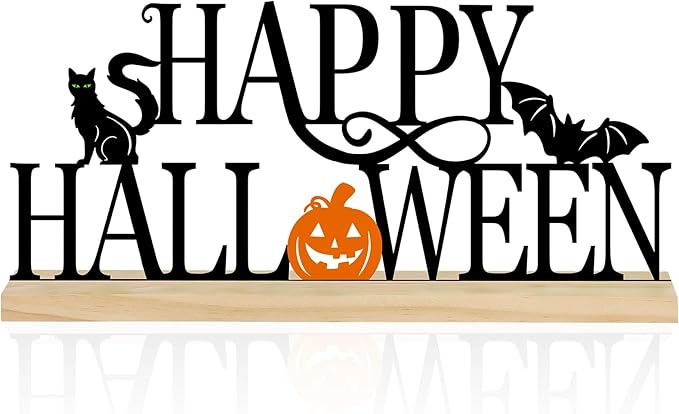 COCHIE Metal Happy Halloween Sign, Black Halloween Decorations for Home, Office, Shelf, Mantel, Indoor, Jack-o-lantern Decoration, Spooky Cat Bat Decor (Halloween)-Ruum Studio Home