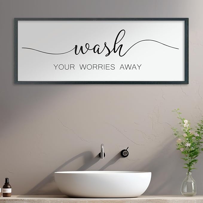 LuZhiQiang Wash Your Worries Away Sign Bathroom Wall Art Decor 40"×15" Large Wood Framed Laundry Room Funny And Artwork Wall Hanging (Black)-Ruum Studio Home