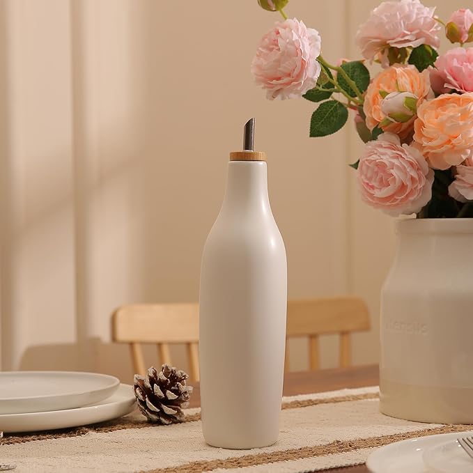 HOMCDALY Ceramic Olive Oil Dispenser for Kitchen, Stoneware 16oz Oil and Vinegar Bottles Dispenser, Kitchen Dispenser Bottle for EVOO Vinegar Syrups, Modern Farmhouse Design(W)-Ruum Studio Home