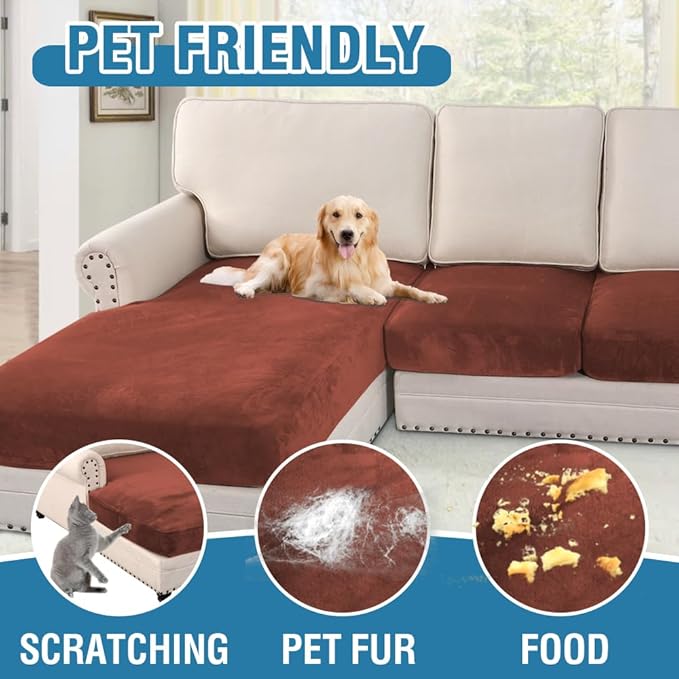 H.VERSAILTEX Velvet Stretch Sectional Couch Covers 4 Pieces Sofa Seat Cushion Covers L Shape Separate Cushion Couch Cover for Both Left/Right Sectional Couch (Large Sofa 3 Seater + 1 Chaise, Rust)-Ruum Studio Home