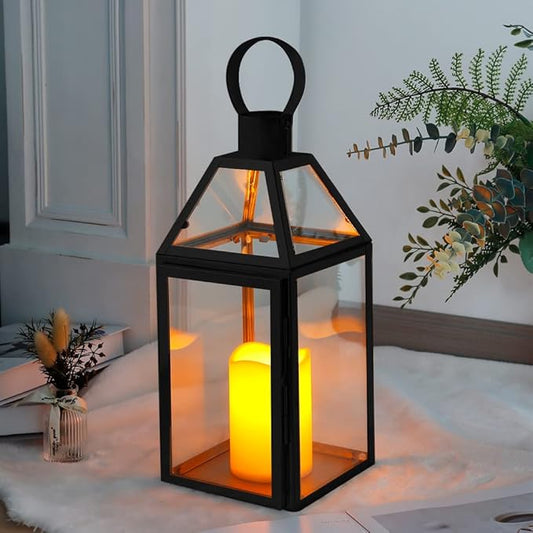 JHY DESIGN Black Decorative Lanterns 16“H Decorative Candle Lantern with Tempered Glass for Indoor Outdoor Events Parities and Weddings-Ruum Studio Home