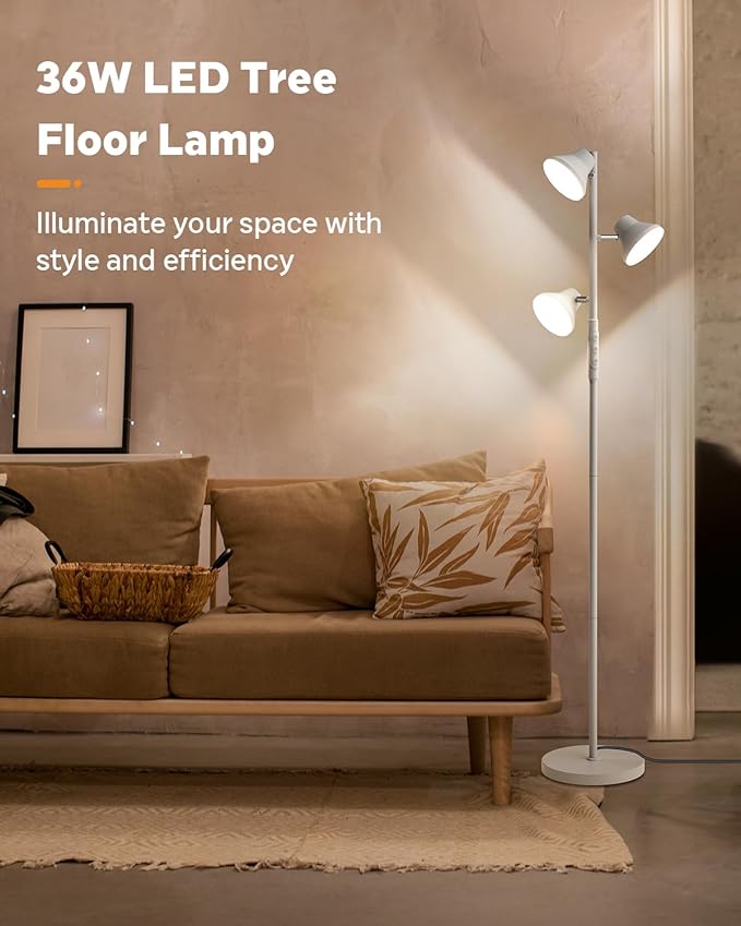 LED Tree Floor Lamp Silver, 36W Super Bright Standing Lamp with Remote Control, 4 Color Temperatures, 3 Rotatable LED Lights, Dimmable Floor Lamps for Living Room, Bedroom, Office-Ruum Studio Home